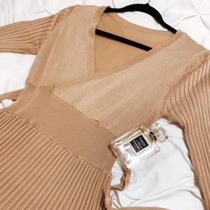 Elegant Beige Pleated Ribbed Sweater Dress